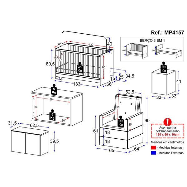 Imagem de Berço 3 em 1 com Colchão Poltrona Puff e Armário Aéreo 2 Portas Multimóveis MP4157