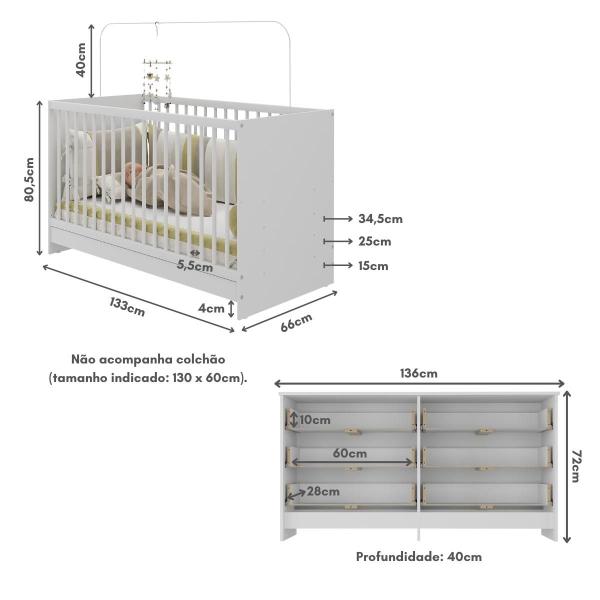 Imagem de Berço 3 em 1 para Colchão 130 x 60cm com Cômoda Framboesa Multimóveis MP4295