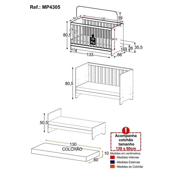 Imagem de Berço 3 em 1 vira cama com Colchão Incluso Elza Multimóveis MP4305