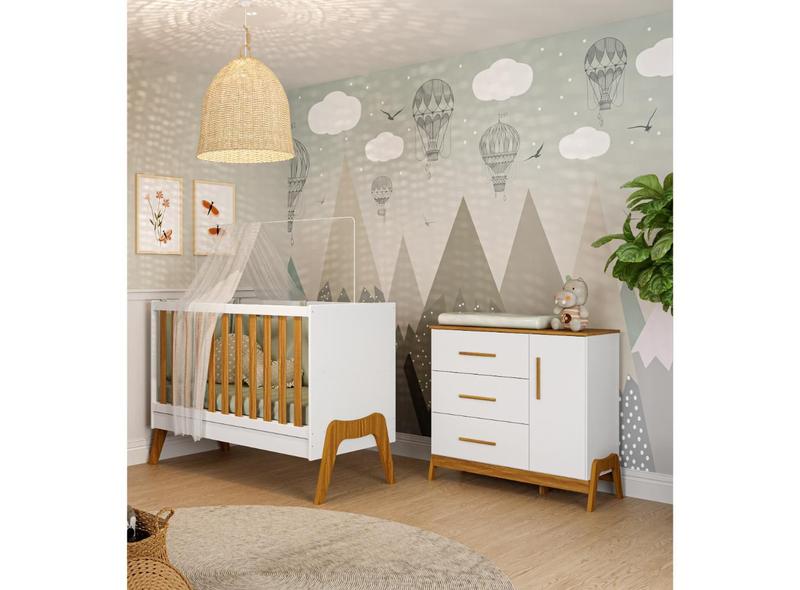 Berço 5x1 e Cômoda Retro Moveis Peroba Guti MDF Branco Amêndoa Imagem de Berço 5x1 e Cômoda Retro Moveis Peroba Guti MDF Branco Amêndoa