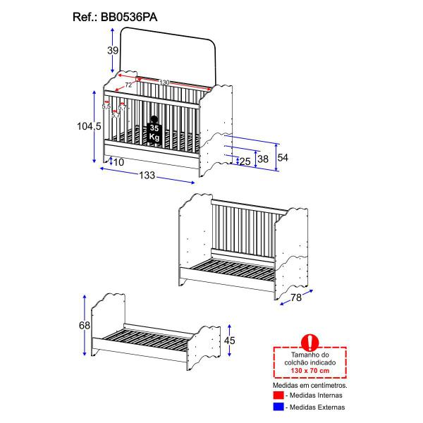 Imagem de Berço Americano 3 em 1 para Colchão 70x130cm Quindim Multimóveis BB0536PA