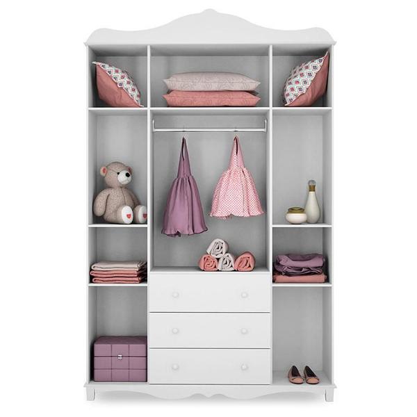 Imagem de Berço Americano com Capitonê e Cômoda Infantil Realeza com Guarda Roupa Infantil Imperial 4 Portas Branco Acetinado - Canaã