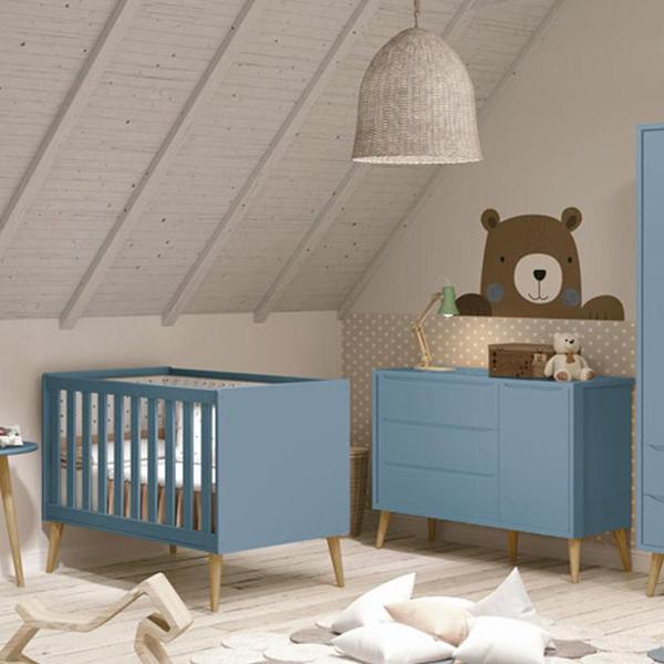 Imagem de Berço Americano e Cômoda Infantil 1 Porta Theo Azul Pés Madeira Natural com Colchão Gazin  Reller