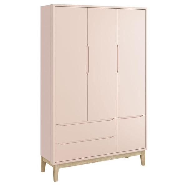 Imagem de Berço Americano e Guarda Roupa Classic 3 Portas Rosa com Pés Madeira Natural - Reller