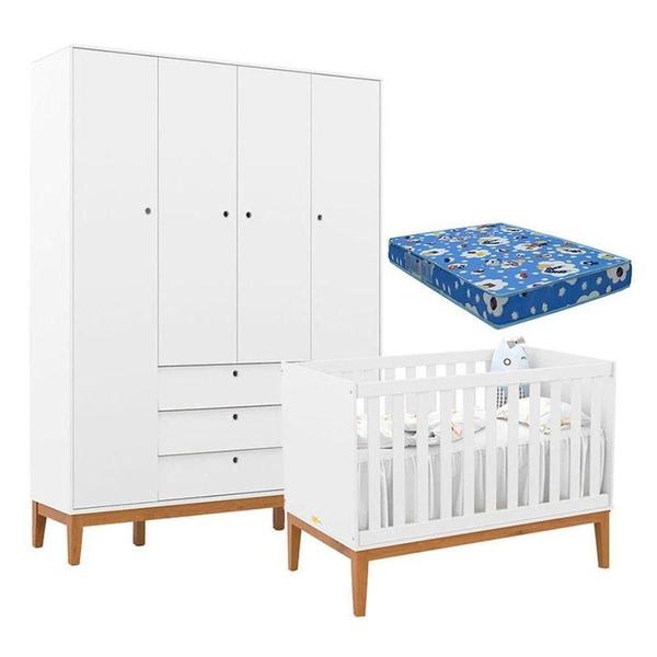 Imagem de Berço Americano E Guarda Roupa Unique 4 Portas Branco Soft Eco Wood Com Colchão Ortobom - Matic