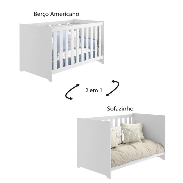 Berço Americano Mali 2 em 1 Sofazinho Infantil Branco Brilho com Colchão - Reller Imagem de Berço Americano Mali 2 em 1 Sofazinho Infantil Branco Brilho com Colchão - Reller