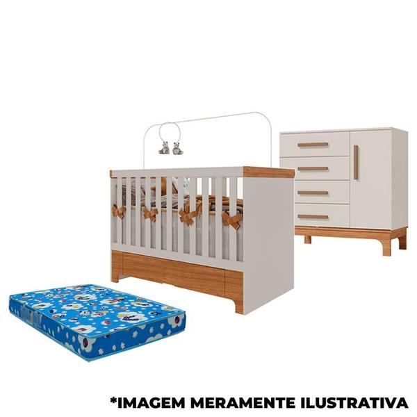 Imagem de Berço Americano Mini Cama com Gaveta Antonella e Cômoda Pega Pega Off White Caramelo com Colchão - Canaã