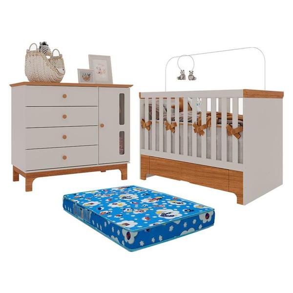 Imagem de Berço Americano Mini Cama com Gaveta e Cômoda Infantil Antonella Off White Caramelo com Colchão Ortobom  Canaã