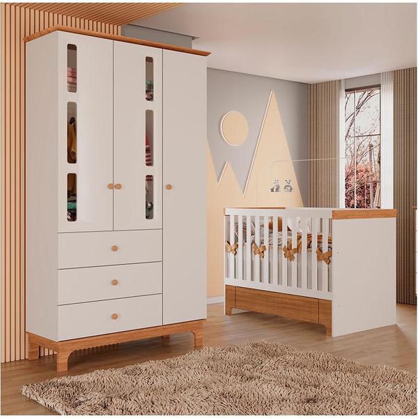 Imagem de Berço Americano Mini Cama com Gaveta e Guarda Roupa Infantil Antonella 3 Portas Off White Caramelo - Canaã