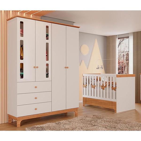 Imagem de Berço Americano Mini Cama com Gaveta e Guarda Roupa Infantil Antonella 4 Portas Off White Caramelo com Colchão Ortobom - Canaã