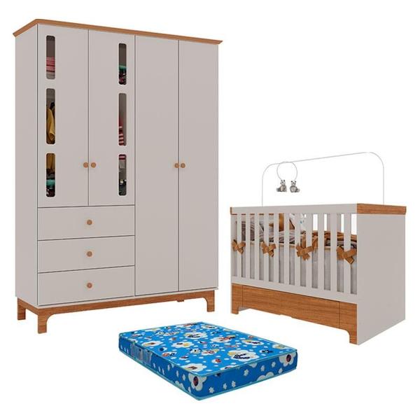 Imagem de Berço Americano Mini Cama com Gaveta e Guarda Roupa Infantil Antonella 4 Portas Off White Caramelo com Colchão Ortobom - Canaã