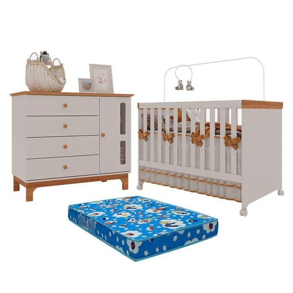 Imagem de Berço Americano Mini Cama E Cômoda Infantil Antonella Off White Caramelo Com Colchão Ortobom