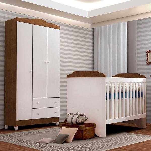 Imagem de Berço Americano Mini Cama e Guarda Roupa Mel Flat Branco Acetinado Amadeirado - Carolina