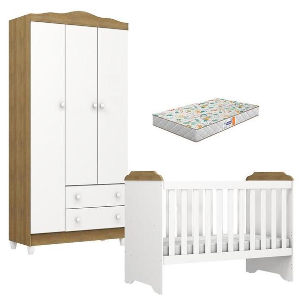 Imagem de Berço Americano Mini Cama e Guarda Roupa Mel Flat Branco Acetinado Amadeirado com Colchão Gazin - Carolina