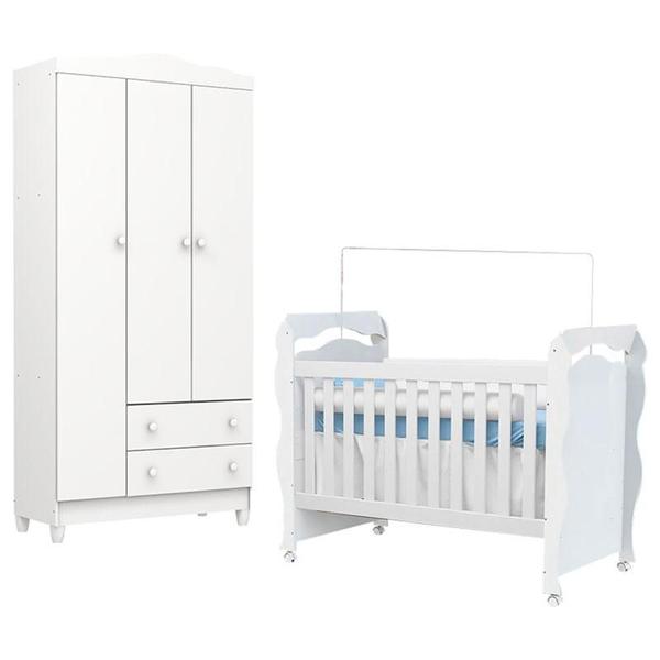 Imagem de Berço Americano New Nanda com Guarda Roupa Infantil Mel Flat 3 Portas Branco Brilho - Carolina