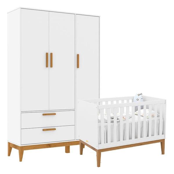 Imagem de Berço Americano Unique e Guarda Roupa 3 Portas Nature Branco Soft Eco Wood  Matic