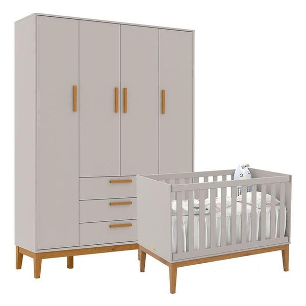 Imagem de Berço Americano Unique e Guarda Roupa 4 Portas Nature Cinza Soft Eco Wood  Matic