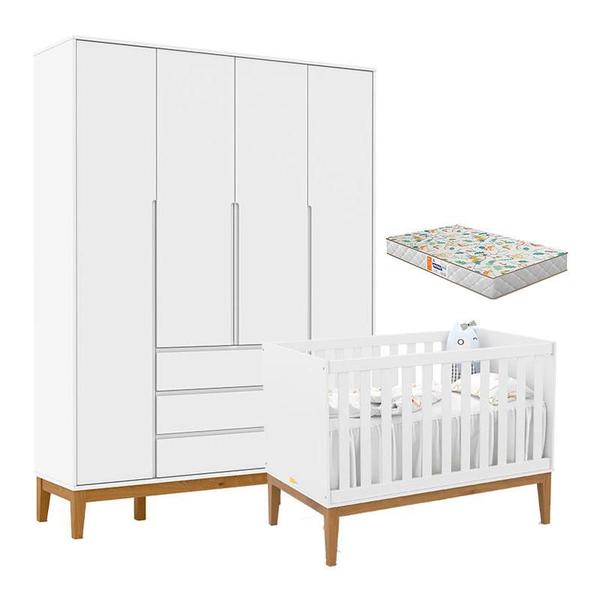 Imagem de Berço Americano Unique e Guarda Roupa 4 Portas Nature Clean Branco Soft Eco Wood com Colchão Gazin  Matic