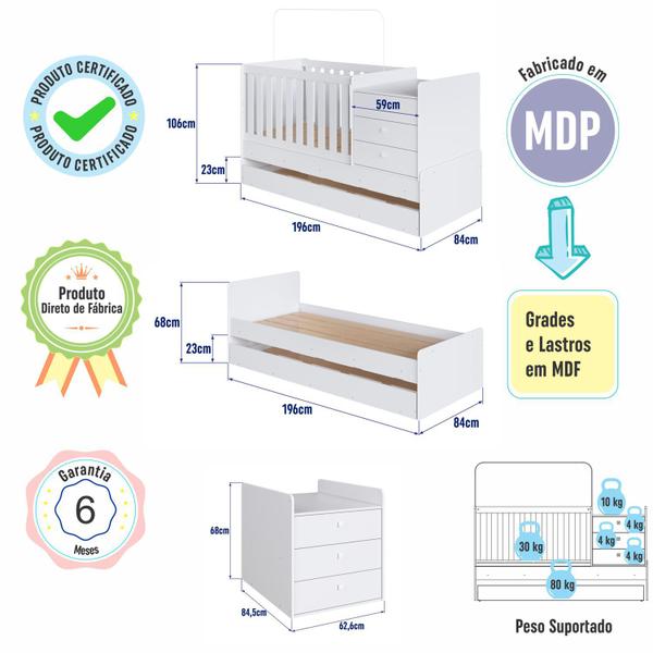 Imagem de Berço Cama Multifuncional c/ Auxiliar 196cm Sem Colchão Linha BB BB690 Completa Móveis