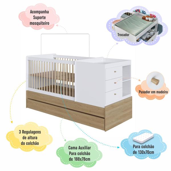 Imagem de Berço Cama multifuncional + Cama Auxiliar sem colchão Linha BB BB023 Completa Móveis