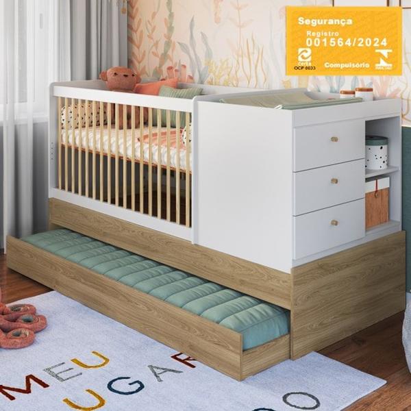 Imagem de Berço Cama Multifuncional Com Auxiliar BB023 Aveiro OAK Branco Comm