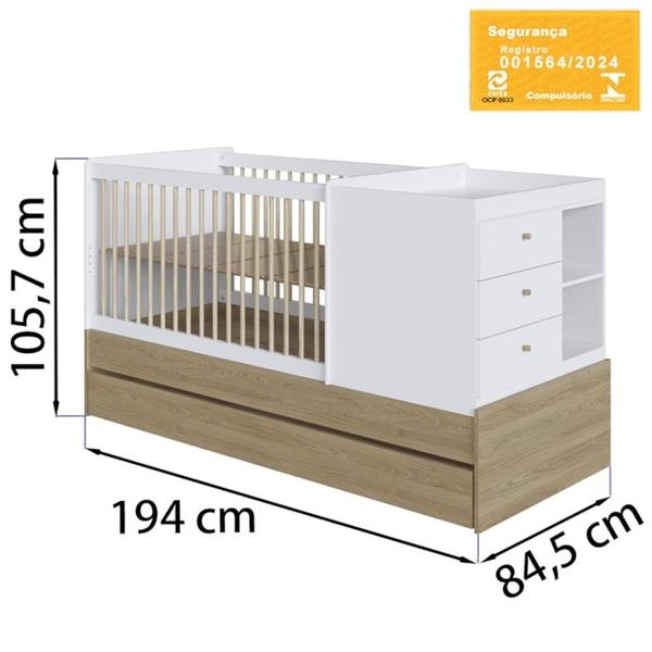 Imagem de Berço Cama Multifuncional Com Auxiliar BB023 Aveiro OAK Branco Comm