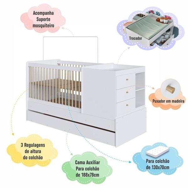 Imagem de Berço Cama Multifuncional Com Auxiliar Branco - Completa Móveis