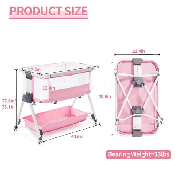 Imagem de Berço de bebê JMMD Bedside Sleeper 3 em 1 com 6 níveis de rosa