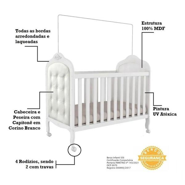 Imagem de Berço Flex 3 Em 1 100% Mdf Vira Mini Cama E Mini Sofá Com Capitonê Elô Móveis Peroba Branco Brilho