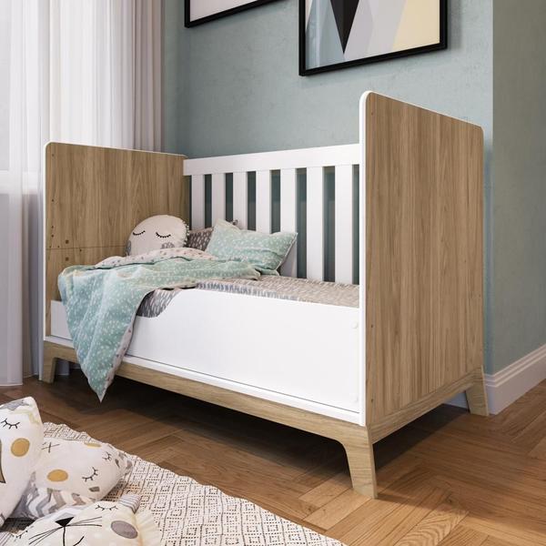 Imagem de Berço Infantil Cama 3 em 1 Multifuncional 136,6cm com Regulagem de Altura e Grade em MDF Quarto de Bebê Itapuã com Branco