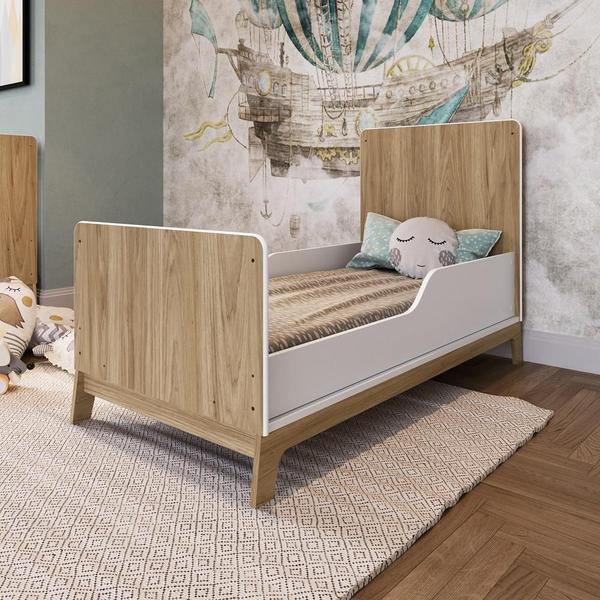 Imagem de Berço Infantil Cama 3 em 1 Multifuncional 136,6cm com Regulagem de Altura e Grade em MDF Quarto de Bebê Itapuã com Branco