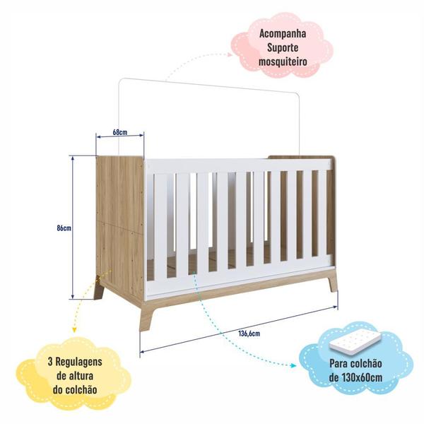 Imagem de Berço Infantil Cama 3 em 1 Multifuncional 136,6cm com Regulagem de Altura e Grade em MDF Quarto de Bebê Itapuã com Branco