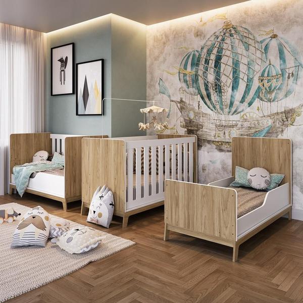 Imagem de Berço Infantil Cama 3 em 1 Multifuncional 136,6cm com Regulagem de Altura e Grade em MDF Quarto de Bebê Itapuã com Branco