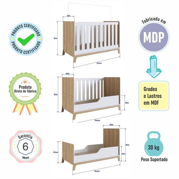 Imagem de Berço Infantil Cama 3 em 1 Multifuncional com Colchão 136,6cm Regulagem de Altura e Grade em MDF Quarto de Bebê Itapuã com Branco