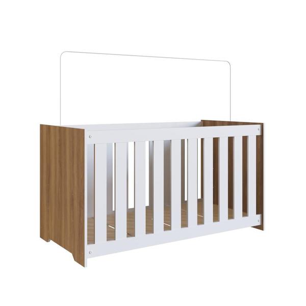 Imagem de Berço Infantil Simples 133cm com Colchão, Regulagem de Altura e Grade MDF Nogal com Branco