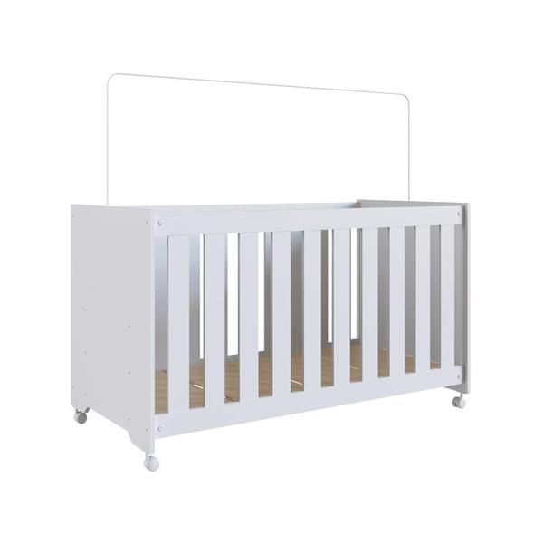 Imagem de Berço Infantil Simples com Rodas, Colchão, Regulagem de Altura e Grade MDF 133cm Branco