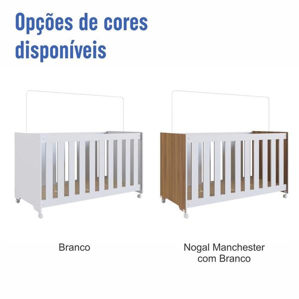 Imagem de Berço Infantil Simples com Rodas, Regulagem de Altura e Grade MDF 133cm Nogal com Branco