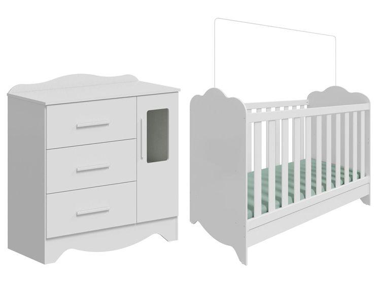 Berço Mini Cama Branco + Cômoda de Bebê 3 Gavetas - Moveis Peroba Harmonia com Vidro Berço Mini Cama Branco + Cômoda de Bebê 3 Gavetas - Moveis Peroba Harmonia com Vidro