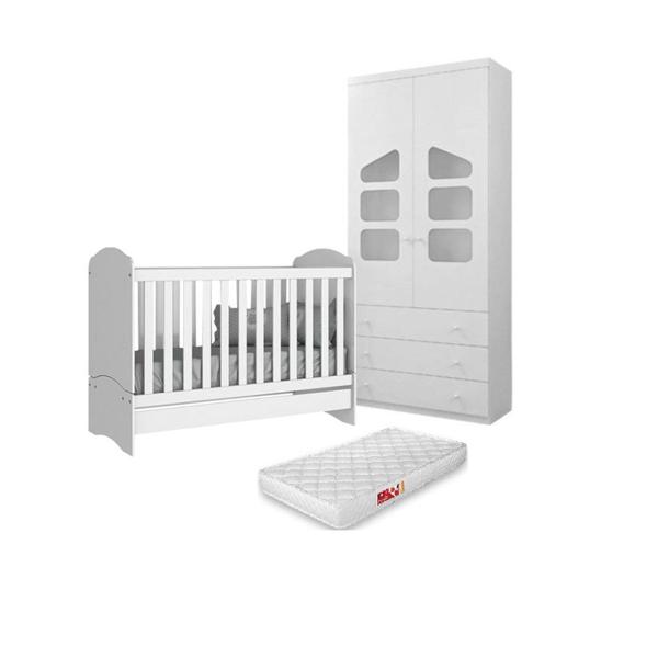 Imagem de Berço Mini Cama Chuva de Amor 2x1 c/ Colchão + Guarda Roupa Roupeiro Ludi Infantil MDF Branco