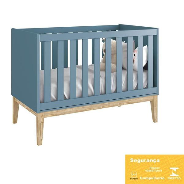 Imagem de Berço Mini Cama Classic Azul Fosco Pés Madeira Natural com Colchão D18 - Reller Móveis