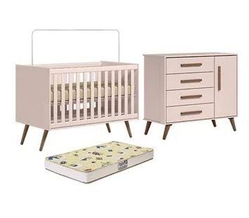 Imagem de Berço Mini Cama com Colchão e Cômoda Encanto Retrô Rosa Qmovi