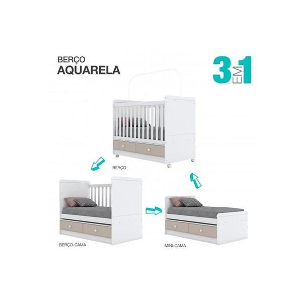 Imagem de Berço / Mini Cama Infantil Aquarela 3 em 1 c/ 2 Gavetas (2 Un) Cristal/Branco - Henn