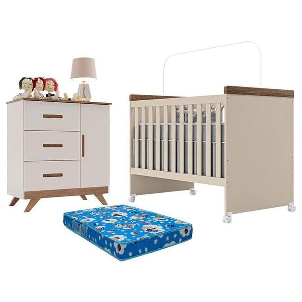 Imagem de Berço Mini Cama Lívia E Cômoda Infantil Retro Maya Off White Carvalho Com Colchão Ortobom - Canaã