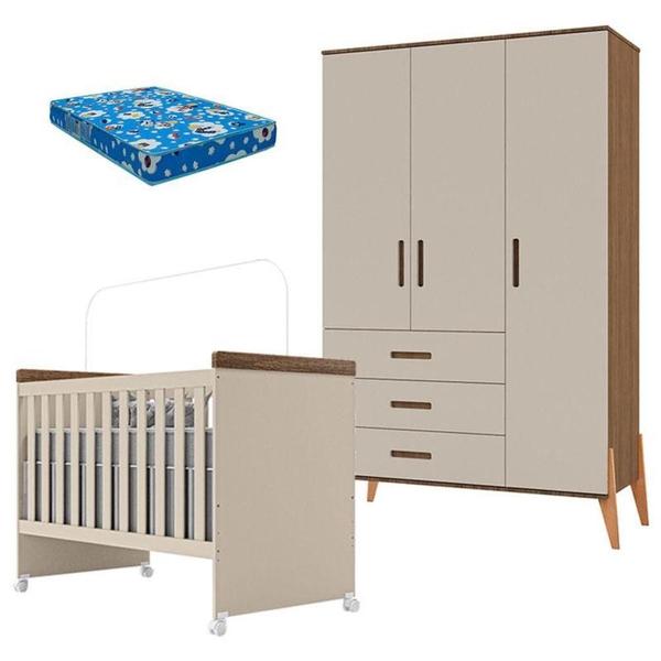 Imagem de Berço Mini Cama Lívia E Guarda Roupa Infantil Emilly 3 Portas Off White Carvalho