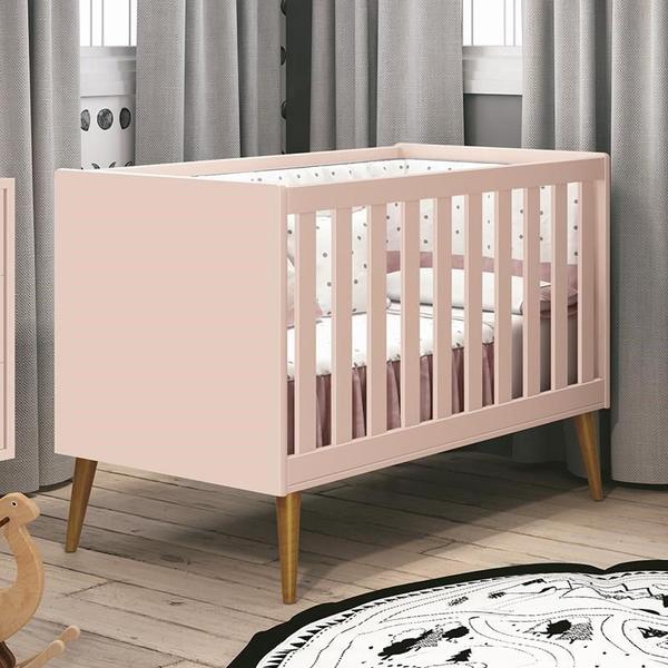 Imagem de Berço Mini Cama Theo Retrô Rosa Fosco com Pés Amadeirado e Colchão D18 - Reller Móveis