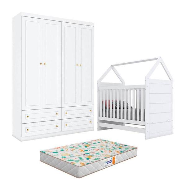 Imagem de Berço Montessoriano Americano e Guarda Roupa Infantil Mississipi 4 Portas Branco com Colchão Gazin - Henn