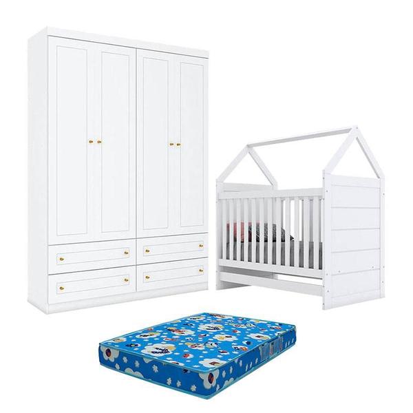 Imagem de Berço Montessoriano Americano e Guarda Roupa Infantil Mississipi 4 Portas Branco com Colchão Ortobom - Henn