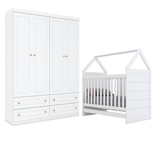 Imagem de Berço Montessoriano Americano e Guarda Roupa Infantil Mississipi 4 Portas Branco HP - Henn