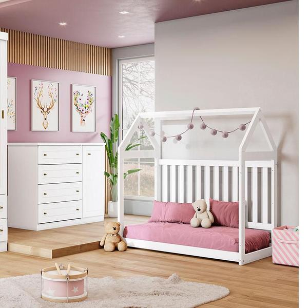 Imagem de Berço Montessoriano e Cômoda Infantil Americano Branco com Colchão Gazin  Henn