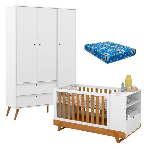 Imagem de Berço Multifuncional Bkids com Guarda Roupa 3 Portas Gold Branco Freijó Eco Wood e Colchão  Matic